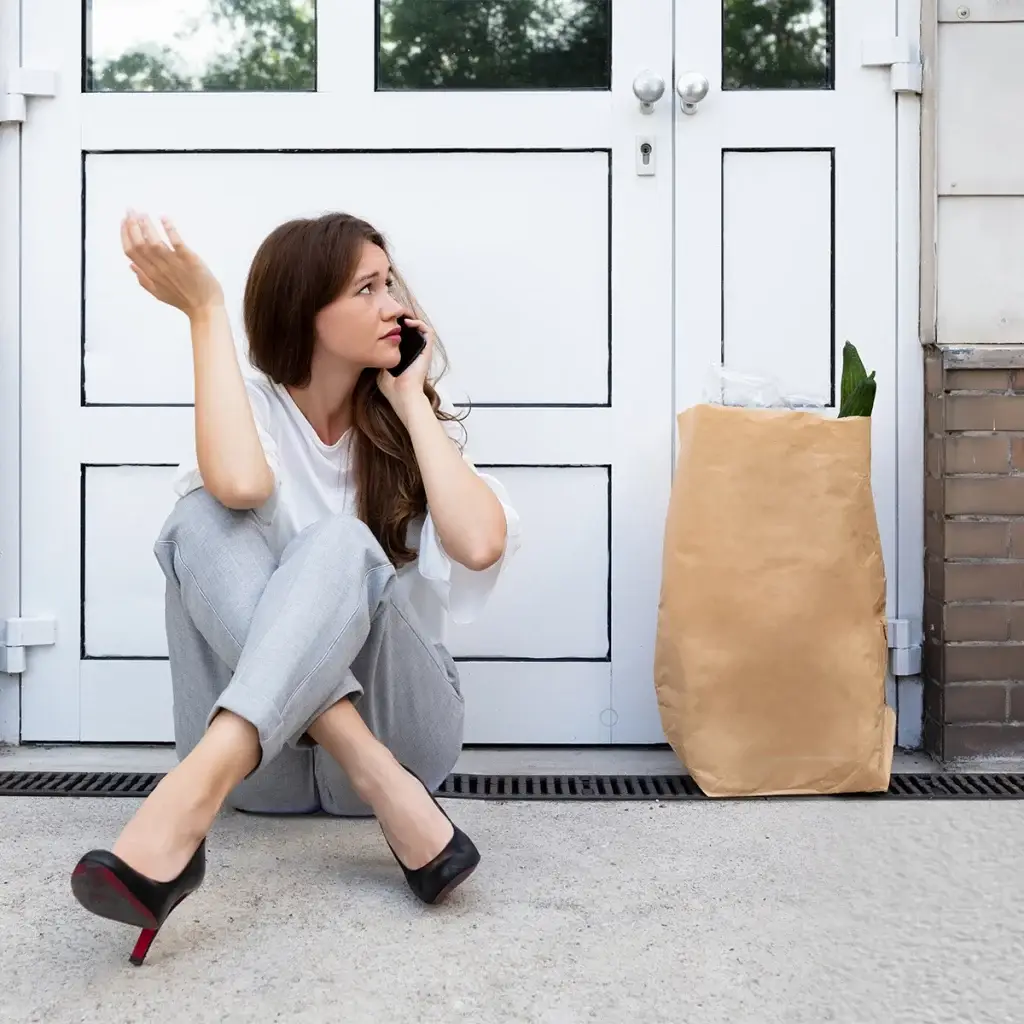 Mujer sentada fuera de su casa con bolsa de compras, llamando a cerrajero a domicilio en Ñuñoa