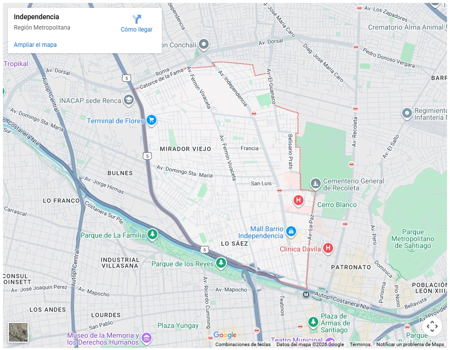 Mapa de Google Maps mostrando los límites de la comuna de Estación Central