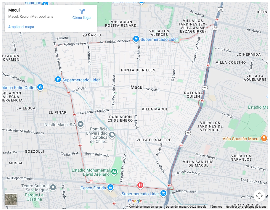 Mapa de Google Maps mostrando los límites de la comuna de Macul