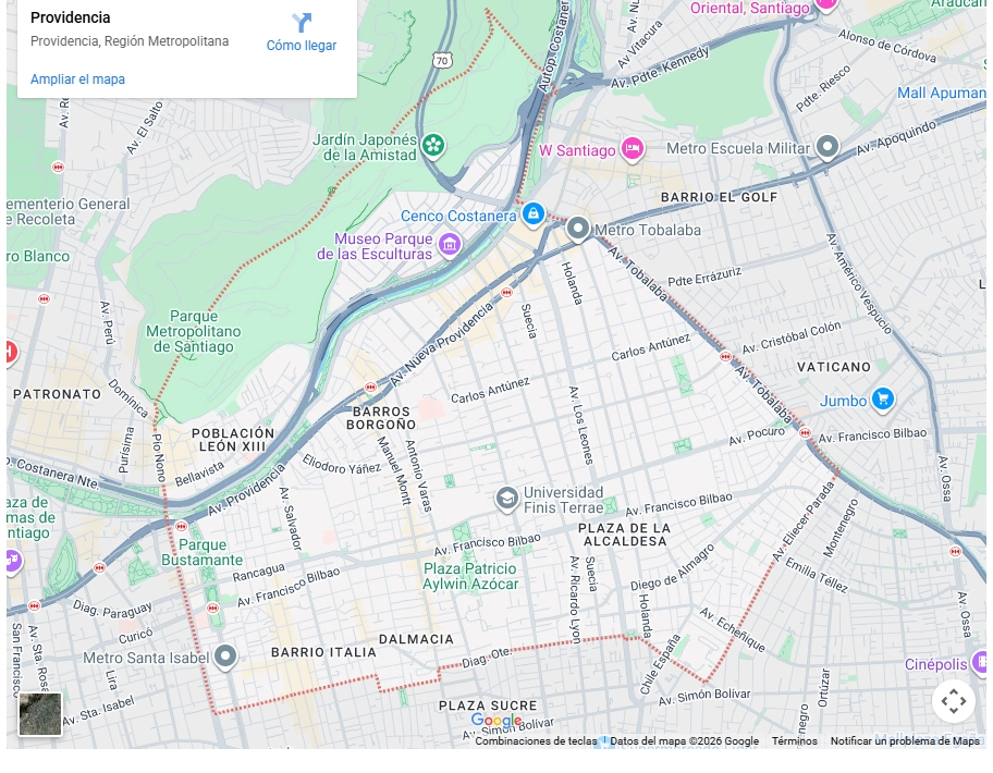 Mapa de Google Maps mostrando los límites de la comuna de Providencia