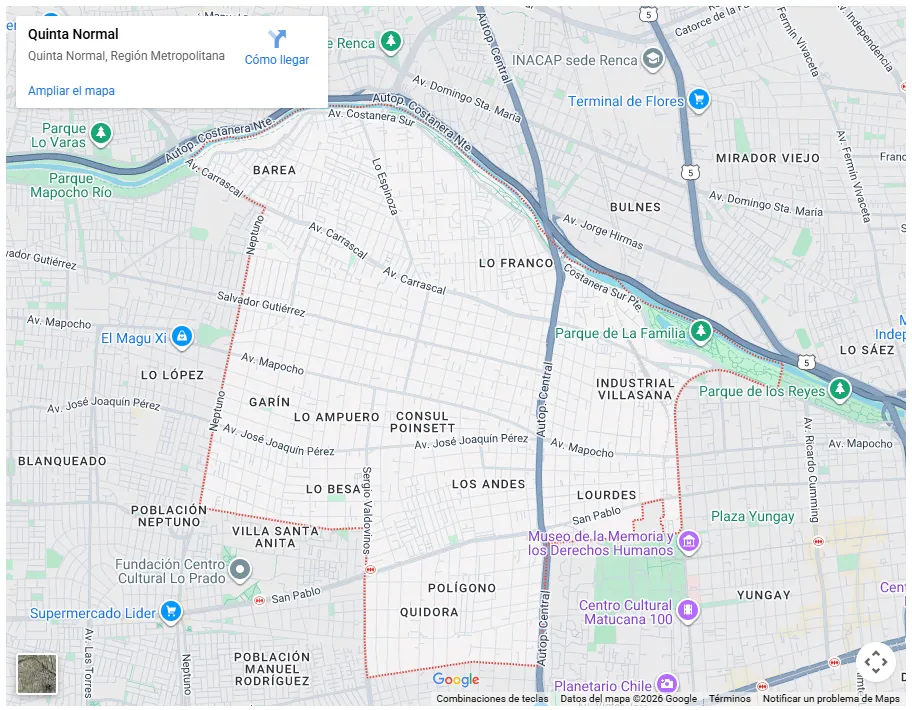 Mapa de Google Maps mostrando los límites de la comuna de Quinta Normal