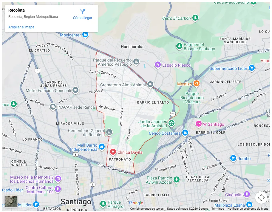 Mapa de Google Maps mostrando los límites de la comuna de Recoleta