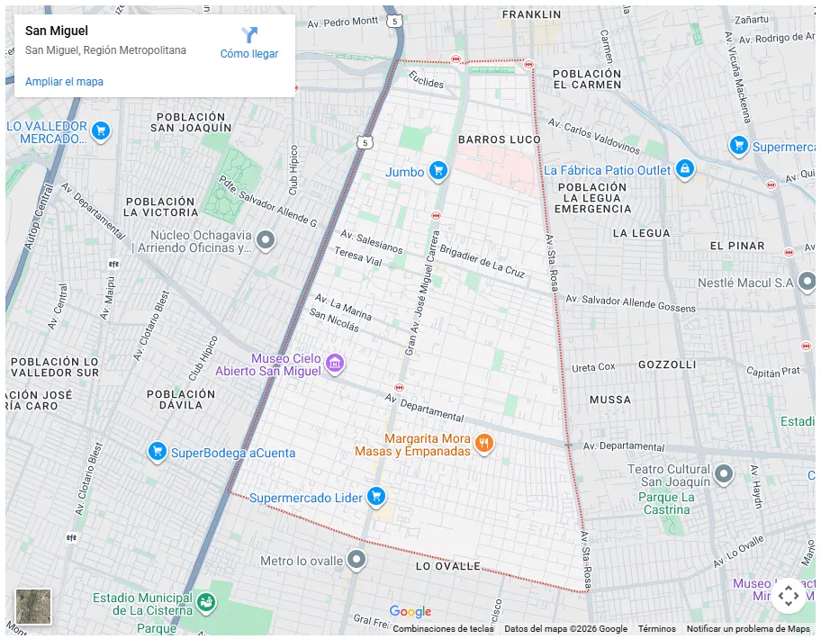 Mapa de Google Maps mostrando los límites de la comuna de San Miguel