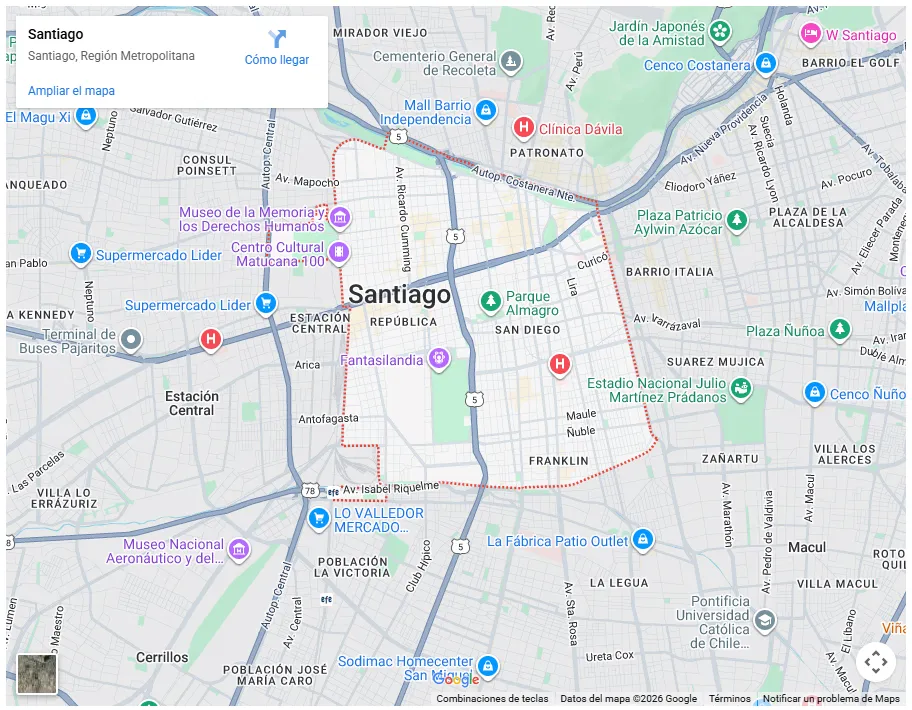 Mapa de Google Maps mostrando los límites de la comuna de Santiago Centro