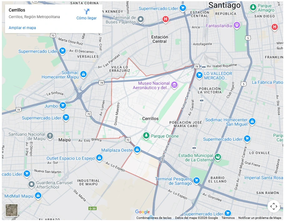 Mapa de Google Maps mostrando los límites de la comuna de Cerrillos