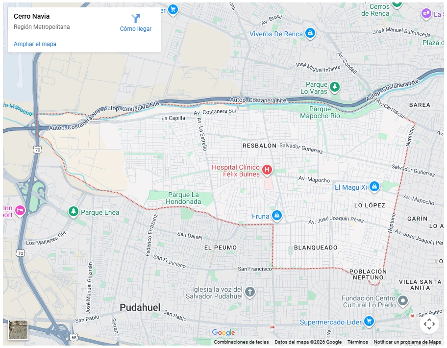 Mapa de Google Maps mostrando los límites de la comuna de Cerro Navia