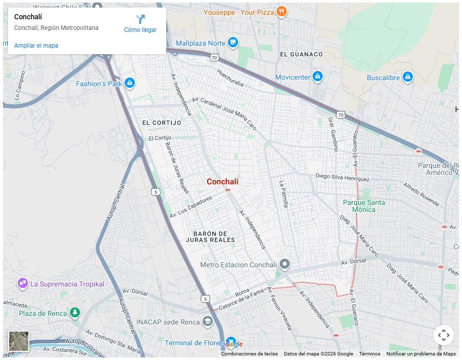 Mapa de Google Maps mostrando los límites de la comuna de Conchalí