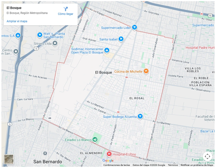 Mapa de Google Maps mostrando los límites de la comuna de El Bosque