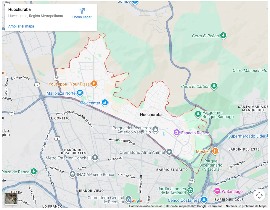 Mapa de Google Maps mostrando los límites de la comuna de Huechuraba