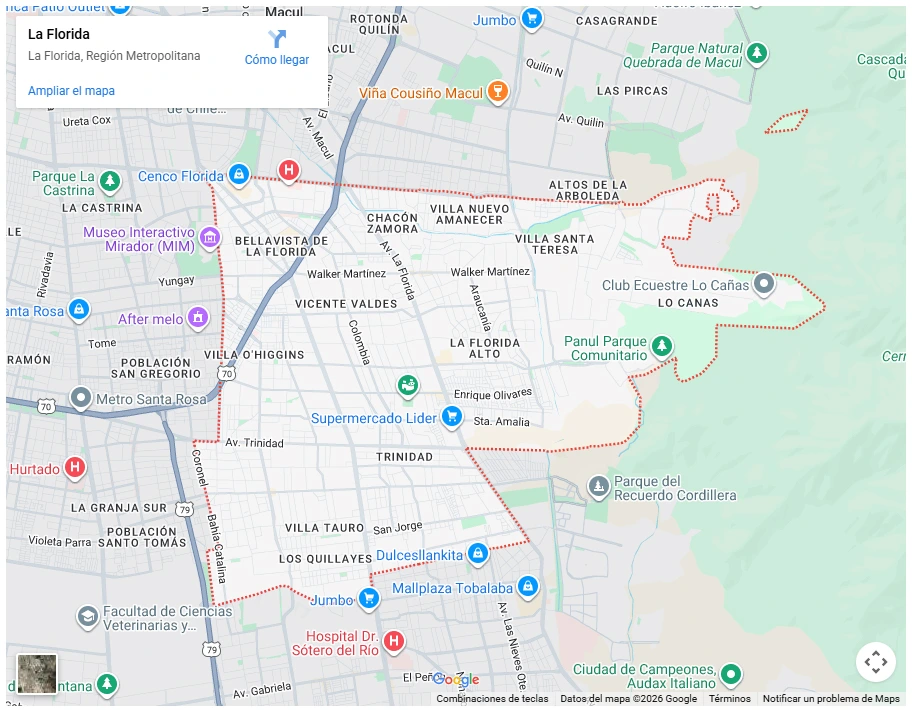 Mapa de Google Maps mostrando los límites de la comuna de La Florida