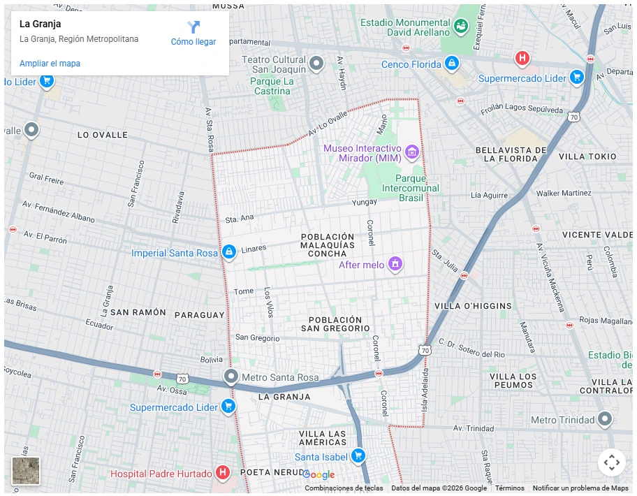 Mapa de Google Maps mostrando los límites de la comuna de La Granja