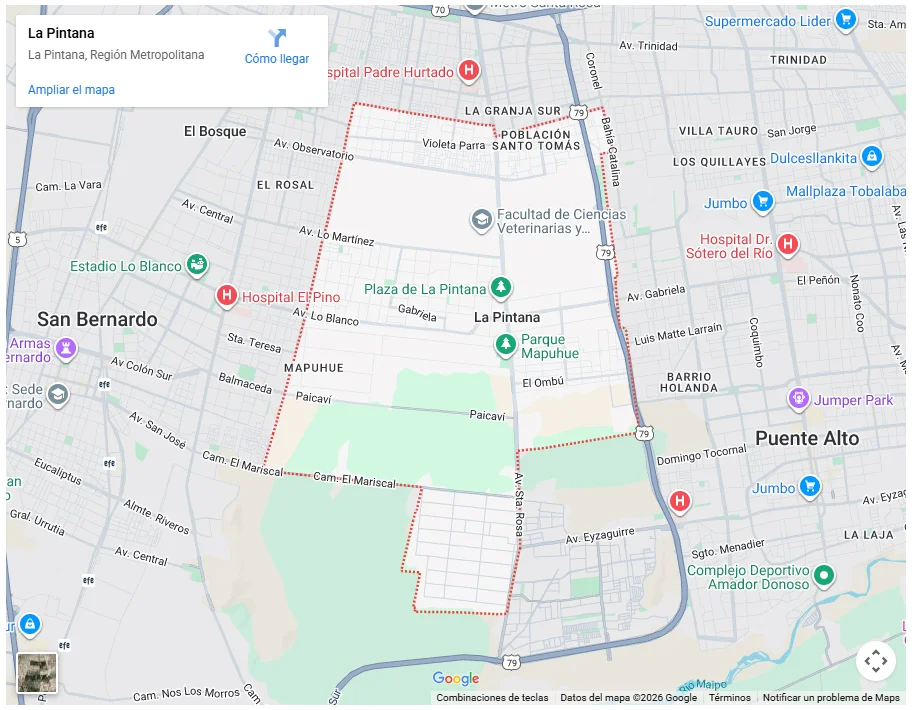 Mapa de Google Maps mostrando los límites de la comuna de La Pintana