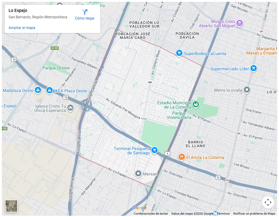 Mapa de Google Maps mostrando los límites de la comuna de Lo Espejo