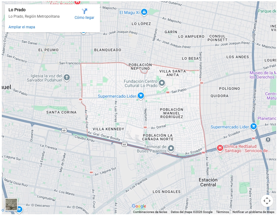 Mapa de Google Maps mostrando los límites de la comuna de Lo Prado