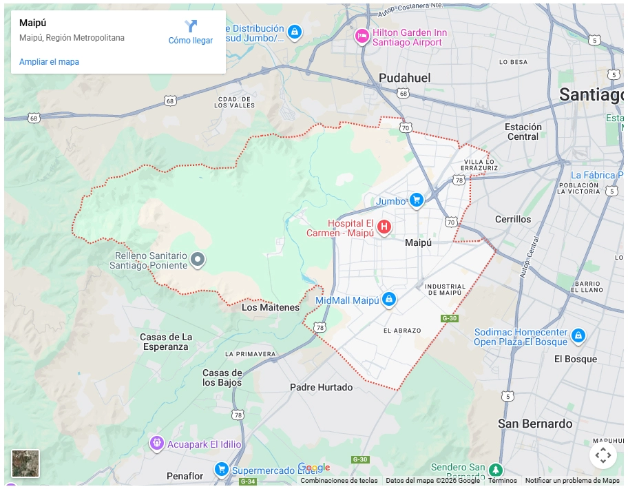 Mapa de Google Maps mostrando los límites de la comuna de Maipú