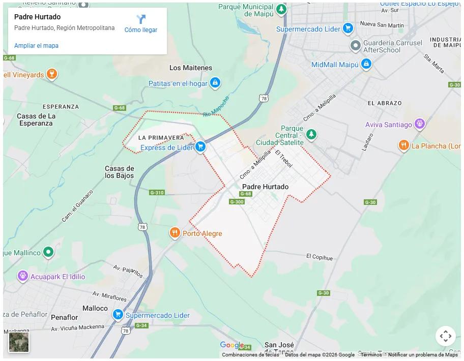 Mapa de Google Maps mostrando los límites de la comuna de Padre Hurtado