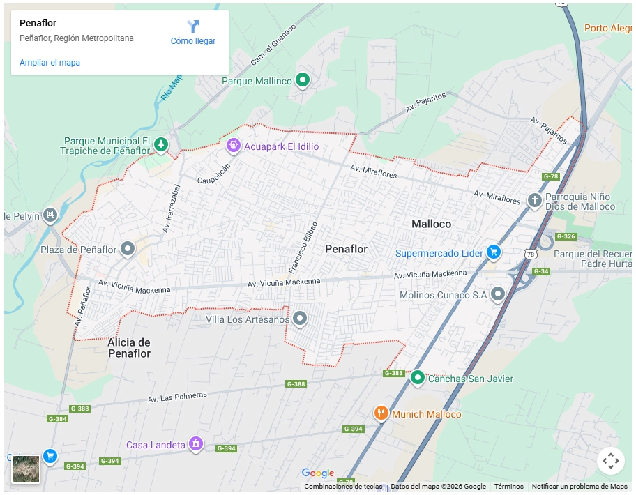 Mapa de Google Maps mostrando los límites de la comuna de Peñaflor