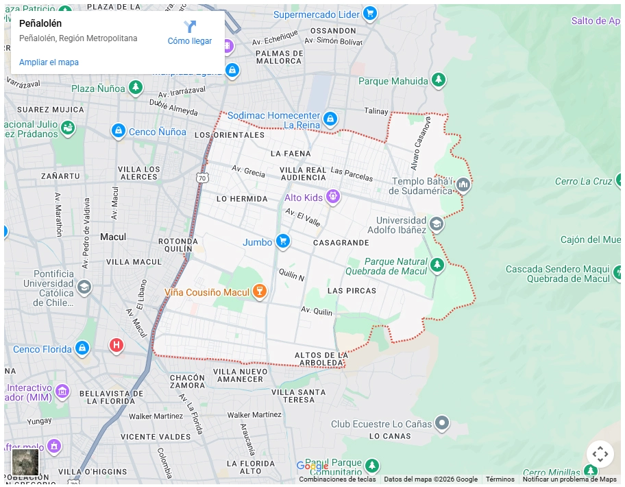 Mapa de Google Maps mostrando los límites de la comuna de Peñalolén