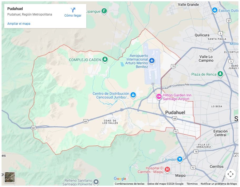 Mapa de Google Maps mostrando los límites de la comuna de Pudahuel