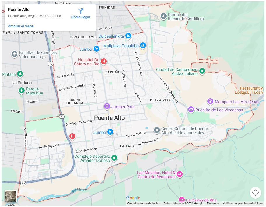 Mapa de Google Maps mostrando los límites de la comuna de Puente Alto