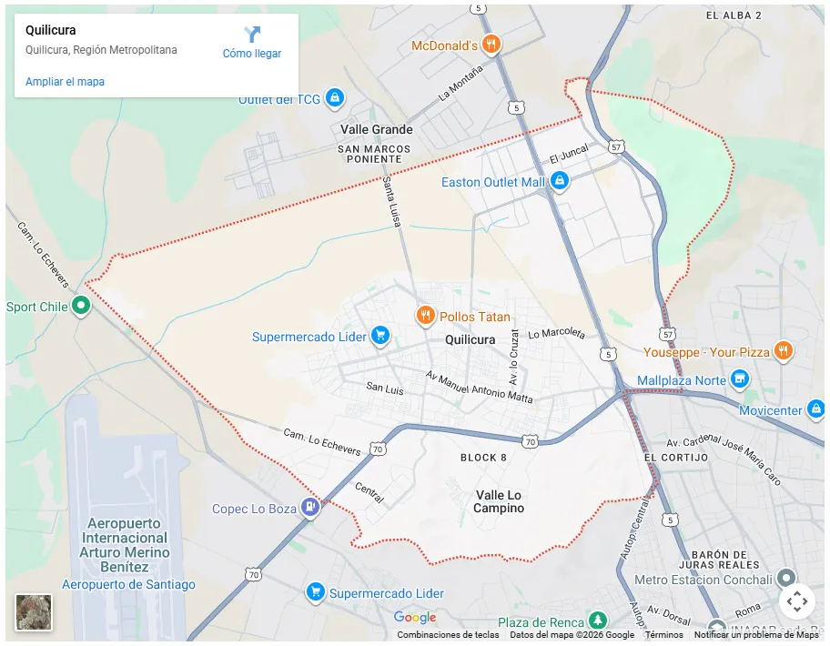 Mapa de Google Maps mostrando los límites de la comuna de Quilicura