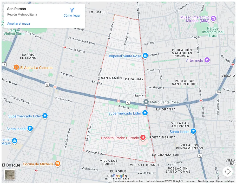 Mapa de Google Maps mostrando los límites de la comuna de San Ramón