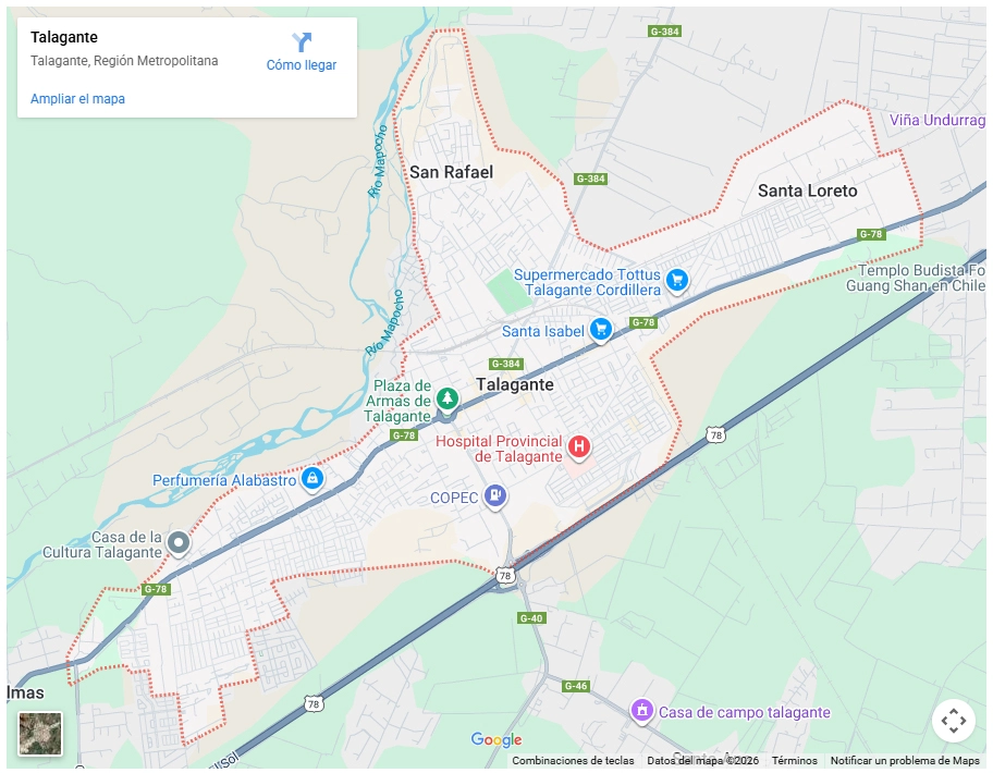 Mapa de Google Maps mostrando los límites de la comuna de Talagante