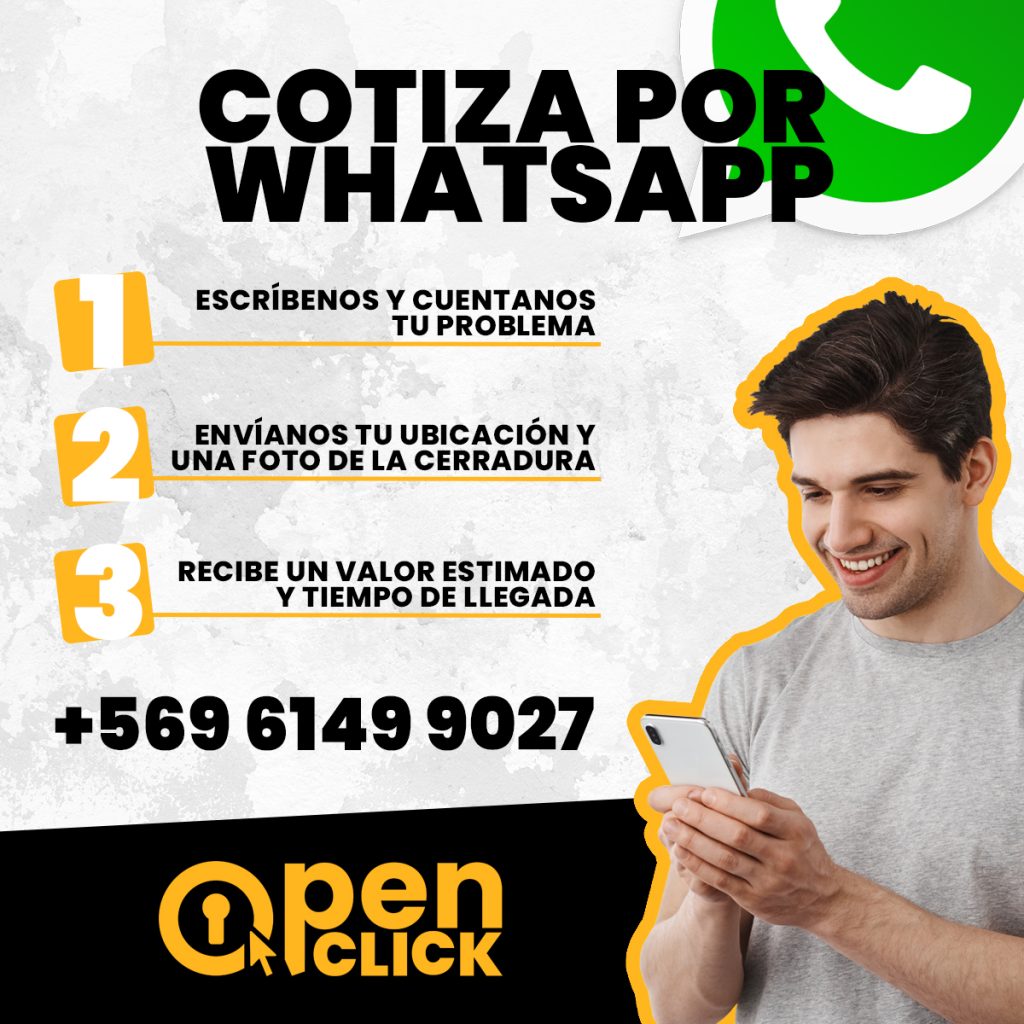 Infografía de servicio de cerrajero a domicilio en Santiago para cotizar por WhatsApp.